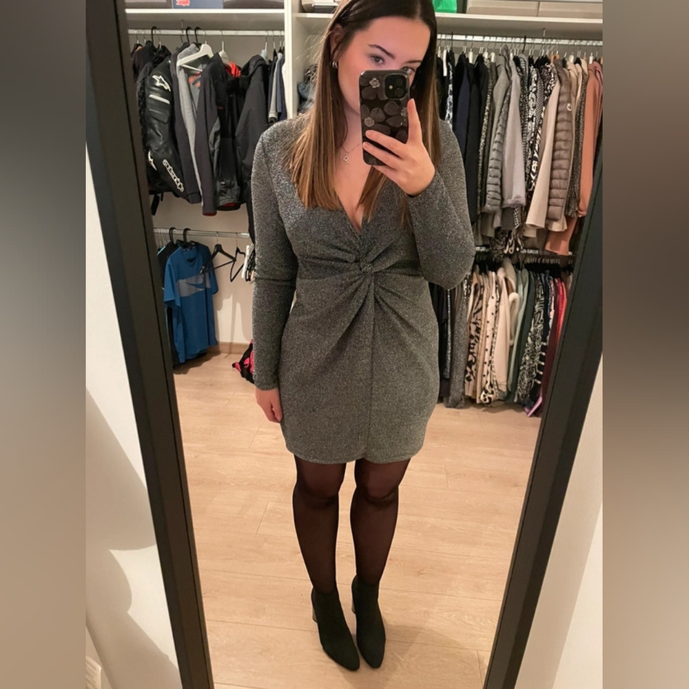 H&M Silver Metallic Plunge V Neck Mini Dress